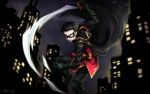  1boy artist_name belt_pouch black_cape black_hair black_pants boots cape city commentary_request damian_wayne dc_comics frown gloves green_footwear green_gloves green_hair knee_boots male_focus mask night outdoors pants pouch ray-k robin signature solo sword teeth weapon 