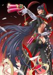  1girl ass back bayonetta bayonetta_(character) black_hair bodysuit breasts butt_crack chains dual_wielding earrings edited elbow_gloves erect_nipples error eyeshadow glasses gloves gun handgun highres huge_breasts jewelry juubaori_mashumaro lipstick long_hair magic_circle makeup mole moon no_panties pistol red_moon ribbon solo strap very_long_hair weapon 