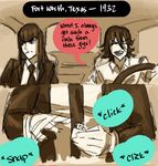  car car_interior color_coordination driving ground_vehicle kill_la_kill kiryuuin_satsuki lighter matoi_ryuuko motor_vehicle multiple_girls roman_imperial sepia speech_bubble timeskip 