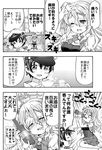  1girl :d alcohol blush bottle comic commentary_request curly_hair drinking drooling drunk greyscale hat headgear k_hiro kantai_collection little_boy_admiral_(kantai_collection) long_hair military military_uniform monochrome naval_uniform open_mouth peaked_cap pola_(kantai_collection) smile translated uniform wine wine_bottle 