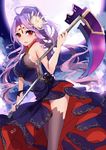  absurdres bison_cangshu black_legwear breasts character_request crusaders_quest dress flower hair_flower hair_ornament highres holding holding_weapon lilith_(crusaders_quest) long_hair looking_at_viewer medium_breasts moon open_mouth outdoors purple_hair red_eyes sideboob solo thighhighs weapon white_flower 