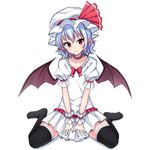  bat_wings between_legs black_legwear blush bow bowtie closed_mouth dress eyebrows eyebrows_visible_through_hair frilled_sleeves frills full_body hand_between_legs hat hat_ribbon head_tilt junior27016 lace lace-trimmed_thighhighs legs_apart looking_at_viewer mob_cap neck_garter pointy_ears puffy_short_sleeves puffy_sleeves red_bow red_eyes red_neckwear red_ribbon remilia_scarlet ribbon scrunchie short_dress short_hair short_sleeves silver_hair simple_background smile solo thighhighs touhou white_background white_dress white_hat wings wrist_scrunchie zettai_ryouiki 