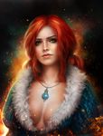  1girl breasts brown_eyes cleavage dress female fire fur long_hair necklace red_hair solo standing the_witcher the_witcher_3 triss_merigold 