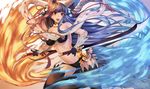  animal_ears asato_(fadeless) bell breasts dual_wielding erune fox_ears gloves granblue_fantasy hair_ornament holding katana large_breasts long_hair open_mouth red_eyes reverse_grip solo sword tail thighhighs weapon yuel_(granblue_fantasy) 