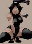  1girl bare_shoulders black_hair black_legwear black_outfit bleach breasts dark_skin fingerless_gloves gloves large_breasts leotard light_smile ponytail pose ryu3224 shihouin_yoruichi skin_tight slit_pupils solo squatting thick_thighs thighhighs thighs tied_hair yellow_eyes 