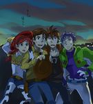  1girl 3boys brown_eyes brown_hair buzz_lightyear cowboy cowgirl female green_eyes jessie_(toy_story) male multiple_boys night purple_hair red_hair short_hair space_suit toy_story woody 