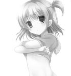 absurdres blush copyright_request eyepatch greyscale highres lifted_by_self looking_at_viewer midriff minakami_rinka monochrome one_side_up shirt_lift short_sleeves simple_background solo tareme white_background 