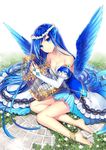  anklet bare_shoulders barefoot bird_wings birdcage blue_eyes blue_hair breasts cage cleavage collarbone detached_sleeves head_wings head_wreath jewelry kagachi_saku long_hair medium_breasts original personification puffy_sleeves revision smile solo winged_hair_ornament wings 