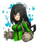  :p asui_tsuyu black_hair bodysuit boku_no_hero_academia breasts brown_eyes character_name commentary gloves green_bodysuit hair_between_eyes hair_rings long_hair low-tied_long_hair medium_breasts solo tongue tongue_out upper_body whistle_frog 