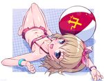  :d ball barefoot beachball bikini blue_eyes bracelet brown_hair cleavage_cutout emblem fang flat_chest foreshortening girls_und_panzer jewelry k10k katyusha looking_at_viewer lying navel on_back open_mouth outside_border pravda_(emblem) short_hair smile solo swimsuit upside-down 