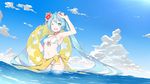  armpits bikini blue_eyes blue_hair breasts cleavage cloud day fhang flower front-tie_bikini front-tie_top groin hair_flower hair_ornament hatsune_miku highres long_hair navel ocean one_eye_closed open_mouth outdoors partially_submerged red_flower see-through sky small_breasts solo swimsuit twintails vocaloid wading water white_bikini 