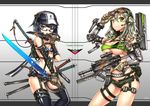  aqua_eyes bikini black_hair breasts cleavage elbow_gloves gia glasses gloves goggles goggles_on_head green_eyes green_hair gun hat headset highres holding holding_gun holding_weapon large_breasts long_hair multiple_girls original short_hair short_shorts shorts single_elbow_glove small_breasts swimsuit thighhighs trigger_discipline weapon 
