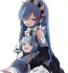  blue_eyes blue_hair detached_sleeves hair_ornament if_they_mated japanese_clothes kimono long_hair maid mother_and_daughter multiple_girls natsuki_spica older ran_(pixiv2957827) re:zero_kara_hajimeru_isekai_seikatsu rem_(re:zero) short_hair short_kimono spoilers what_if x_hair_ornament 