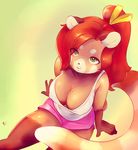  anthro breasts cleavage clothed clothing female green_eyes hair lizombie looking_at_viewer mammal red_hair red_panda ribbons solo xiao_yue 