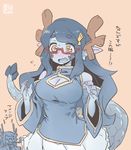  antlers blue_hair blue_skin blush character_request cleavage eyebrows_visible_through_hair glasses hadakichi hairclip long_hair monster_girl open_mouth pointy_ears semi-rimless_glasses tail 
