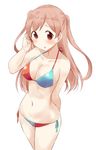  :o absurdres agenasu arm_behind_back bikini blush breasts brown_hair cleavage highres large_breasts long_hair looking_at_viewer navel no_eyewear shiraishi_(tanakeda) side-tie_bikini solo standing swimsuit tanaka-kun_wa_itsumo_kedaruge twintails two_side_up 