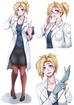  bespectacled blonde_hair blue_eyes breasts brown_legwear cleavage doctor gggg glasses gloves high_ponytail highres labcoat large_breasts looking_at_viewer mercy_(overwatch) multiple_views open_mouth overwatch pantyhose pencil_skirt rubber_gloves short_hair skirt smile stethoscope 