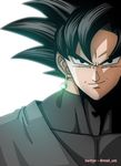  backlighting black_eyes black_hair collarbone commentary dragon_ball dragon_ball_super earrings evil_smile gokuu_black highres jewelry male_focus muscle shiny smile solo twitter_username umelim upper_body 