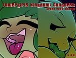  advertisement blush breasts duo english_text eyes_closed female goblin goblin_princess green_hair green_skin hair humanoid kobold kobold_princess princess royalty saliva scalie smile suggestive text theboogie tongue tongue_out towergirls 