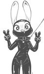  alec8ter anthro black_and_white blush bodysuit clothed clothing collar collar_tag disney female flat_chested front_view gag gagged gimp_suit hi_res judy_hopps lagomorph leash looking_at_viewer mammal mask monochrome open_mouth rabbit rubber simple_background skinsuit solo text tight_clothing v_sign white_background zipper zootopia 