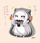  1girl :3 ^_^ blush_stickers carrot cloak closed_eyes commentary covered_horns covered_mouth dress facing_viewer himouto!_umaru-chan holding hood hooded_cloak horns kantai_collection long_hair mittens northern_ocean_hime outstretched_arms parody shinkaisei-kan sidelocks signature solo spread_arms translated very_long_hair white_dress white_hair white_skin yamato_nadeshiko 