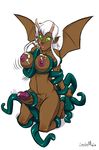  balls big_breasts bound breast_squish breasts cum cum_on_breasts cum_on_face dark-skin demon dickgirl erection green_eyes hair horn humanoid intersex membranous_wings nipples not_furry orgasm penis restrained stickymon tentacles white_hair wings 