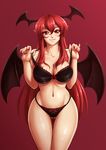  ass_visible_through_thighs bare_shoulders bat_wings blush bra breasts demon_wings head_wings highres koakuma large_breasts long_hair looking_at_viewer mazume navel panties red_eyes red_hair simple_background smile solo thighs touhou underwear underwear_only wide_hips wings 