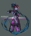  arm_tattoo artist_name ass blue_hair blue_skin bodysuit breasts character_name gloves glowing head_mounted_display long_hair looking_back medium_breasts mintchoco_(orange_shabette) open_mouth overwatch pink_bodysuit ponytail skin_tight solo tattoo very_long_hair widowmaker_(overwatch) yellow_eyes 