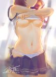  2016 areola_slip areolae armpits arms_up blurry breasts brown_hair cowboy_shot dated depth_of_field groin head_out_of_frame highres long_hair medium_breasts navel no_bra original panties pleated_skirt school_uniform shirt_lift side-tie_panties signature skirt skirt_pull solo stomach striped striped_panties sunlight underboob underwear undressing wudi_sao_nian 