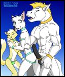  abs anthro balls biceps blue_eyes butt canine cat clothed clothing equine feline horse jockstrap luka_(artist) male male/male mammal nipples pecs penis topless underwear wolf 