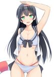  agano_(kantai_collection) alternate_costume arm_up bare_shoulders bikini black_hair breasts cleavage collarbone commentary_request eyebrows eyebrows_visible_through_hair green_eyes innertube kantai_collection large_breasts layered_bikini long_hair looking_at_viewer multi-strapped_bikini navel open_mouth simple_background solo swimsuit takeyuu white_background 