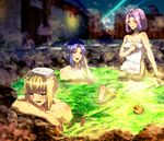  3girls :d ahoge artoria_pendragon_(all) ayamatazu berserker blush breasts caster cleavage collarbone commentary_request covering fate/stay_night fate_(series) gae_bolg lancer medium_breasts multiple_boys multiple_girls nude_cover onsen open_mouth parted_lips partially_submerged pointy_ears rider rubber_duck saber short_hair smile towel towel_on_head wading 