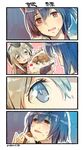  4koma bags_under_eyes bangs black_hair blonde_hair blurry coat comic commentary_request depth_of_field eating empty_eyes food food_on_face garrison_cap hair_between_eyes hat highres holding holding_food kantai_collection long_hair multiple_girls nonco onigiri open_mouth red_eyes shaded_face short_hair sweat tears translated trembling u-511_(kantai_collection) walnut_(food) wetsuit yamashiro_(kantai_collection) 