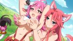  2girls animal_ears areolae blush breast_grab breasts game_cg large_breasts long_hair multiple_girls nipples nude pink_hair sakura_dungeon tail wanaca winged_cloud 