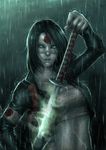  1girl black_hair crop_top dc_comics dccu jacket katana katana_(dc) mask rain scabbard solo suicide_squad sword weapon wet white_eyes 