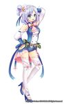  :d blue_footwear blue_hair blue_ribbon bow flower_knight_girl full_body green_eyes hair_bun hair_ribbon hand_on_hip high_heels kurot laurentia_(flower_knight_girl) light_blue_hair looking_at_viewer official_art open_mouth pink_bow ribbon shoes short_hair short_shorts shorts smile solo standing thighhighs white_background white_legwear 