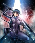  1girl blue_hair bodysuit breasts cybernetic green_eyes igawa_asagi kagami_hirotaka large_breasts lilith-soft solo taimanin_asagi taimanin_asagi_battle_arena weapon 