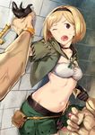  belt blonde_hair brown_eyes djeeta_(granblue_fantasy) gloves granblue_fantasy hairband navel out_of_frame poco_(backboa) pov punching skirt solo_focus thief_(granblue_fantasy) 