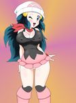  1girl breasts cleavage female hat hikari_(pokemon) large_breasts long_hair looking_at_viewer lupus nintendo one_eye_closed open_mouth panties pokemon shiny_skin solo tongue underwear 