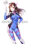  bodysuit breasts brown_eyes brown_hair chestnut_mouth copyright_name d.va_(overwatch) english facial_mark finger_gun gloves hand_on_hip headphones highres long_hair looking_at_viewer medium_breasts one_eye_closed overwatch pilot_suit simple_background solo speech_bubble whisker_markings yumaomi 