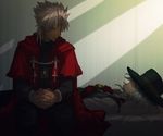  amakusa_shirou_(fate) ayamatazu black_hat closed_eyes coat commentary_request cross cross_necklace dark_skin dark_skinned_male earrings edmond_dantes_(fate/grand_order) fate/apocrypha fate/grand_order fate_(series) grey_hair hands_clasped hat hat_ribbon jewelry long_sleeves multiple_boys necklace own_hands_together red_coat ribbon short_hair sleeping spiked_hair yellow_eyes 