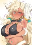  almeida_(granblue_fantasy) aqua_eyes arm_up arm_warmers armpits bare_shoulders bikini bikini_top black_bikini blonde_hair blush breasts caught cleavage constricted_pupils dark_skin detached_sleeves draph full-face_blush granblue_fantasy horns huge_breasts long_hair looking_at_viewer mitsugi navel navel_piercing piercing pointy_ears revealing_clothes shocked_eyes sketch skindentation solo steam surprised sweat swimsuit tears trembling upper_body very_long_hair wavy_mouth wiping_sweat 