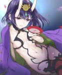  1girl alcohol arm_support bob_cut boots breasts cherry_blossoms collarbone cup fang fate/grand_order fate_(series) flowing_hair gem headpiece holding holding_cup horns japanese_clothes kaguyuzu kimono looking_to_the_side navel oni_horns open_clothes open_kimono petals petals_on_liquid purple_eyes purple_hair reclining revealing_clothes sakazuki sake short_eyebrows short_hair shuten_douji_(fate/grand_order) simple_background small_breasts smile solo thigh_boots thighhighs 