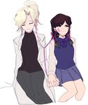  black_sweater blonde_hair bow bowtie brown_hair closed_eyes cropped_legs d.va_(overwatch) earphones facial_mark hands_clasped hands_together headphones headphones_around_neck labcoat long_hair long_sleeves mercy_(overwatch) multiple_girls mwo_imma_hwag overwatch own_hands_together pants pleated_skirt ponytail protected_link purple_bow purple_neckwear ribbed_sweater school_uniform shared_earphones shirt simple_background sitting skirt smile striped striped_bow striped_neckwear sweater turtleneck whisker_markings white_background yuri 