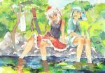  adapted_costume alternate_costume animal_ears backpack bag bare_arms belt blue_eyes blue_hair cattail cucumber eye_contact hat inubashiri_momiji katana kawashiro_nitori landscape looking_at_another mouth_hold multiple_girls nature open_mouth partially_submerged plant pororikin red_eyes short_hair short_sleeves shorts sitting skirt sleeveless smile string sweat sword tail tank_top tokin_hat touhou towel traditional_media tress two_side_up water watercolor_(medium) weapon wolf_ears wolf_tail 