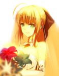  ahoge artoria_pendragon_(all) bad_id bad_pixiv_id black_ribbon blonde_hair collar dress elbow_gloves fate/stay_night fate/unlimited_codes fate_(series) flower gloves green_eyes hair_ribbon qingchen_(694757286) red_flower ribbon saber saber_lily short_hair simple_background solo wedding_dress white_background white_dress white_gloves 
