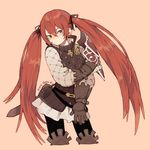  &gt;:( 2016 armor artist_name belt cowboy_shot fanny_pack fire_emblem fire_emblem_if frown gloves guu_(hakahonoo) hair_between_eyes hair_ribbon long_hair luna_(fire_emblem_if) pink_background red_eyes red_hair ribbon skirt solo twintails v-shaped_eyebrows very_long_hair 