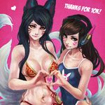 absurdres ahri animal_ears animal_print artist_name bare_shoulders bikini black_hair breasts breasts_apart brown_eyes brown_hair bunny bunny_print cleavage collarbone crossover d.va_(overwatch) english facepaint facial_mark fang fingernails fox_ears fox_tail hand_on_another's_hip hands headphones heart heart_hands heart_hands_duo highres hits large_breasts league_of_legends lips lipstick long_hair looking_at_viewer makeup monori_rogue multiple_girls multiple_tails one-piece_swimsuit overwatch parted_lips pink_background pink_lips red_bikini school_swimsuit simple_background smile swimsuit tail text_focus thank_you trait_connection watermark web_address whisker_markings yellow_eyes 