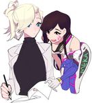  bare_shoulders black_sweater blonde_hair blue_eyes blush bodysuit brown_eyes brown_hair cropped_legs d.va_(overwatch) facepaint facial_mark gloves headphones headphones_around_neck labcoat long_hair mercy_(overwatch) multiple_girls mwo_imma_hwag open_mouth overwatch paper pen protected_link ribbed_sweater simple_background smile sweater undressing upper_body whisker_markings white_background white_gloves 