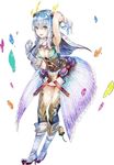  atelier_(series) atelier_sophie bangs blue_hair boots breasts center_opening cleavage feathers full_body gloves green_eyes hair_ornament hairclip jewelry large_breasts leon_(atelier) long_hair necklace official_art simple_background skirt solo tongue tongue_out white_background yuugen 